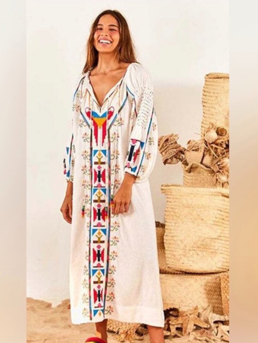 FARM Rio Macaw Embroidered Linen Caftan Midi Dress Size S Resort Vacation Boho